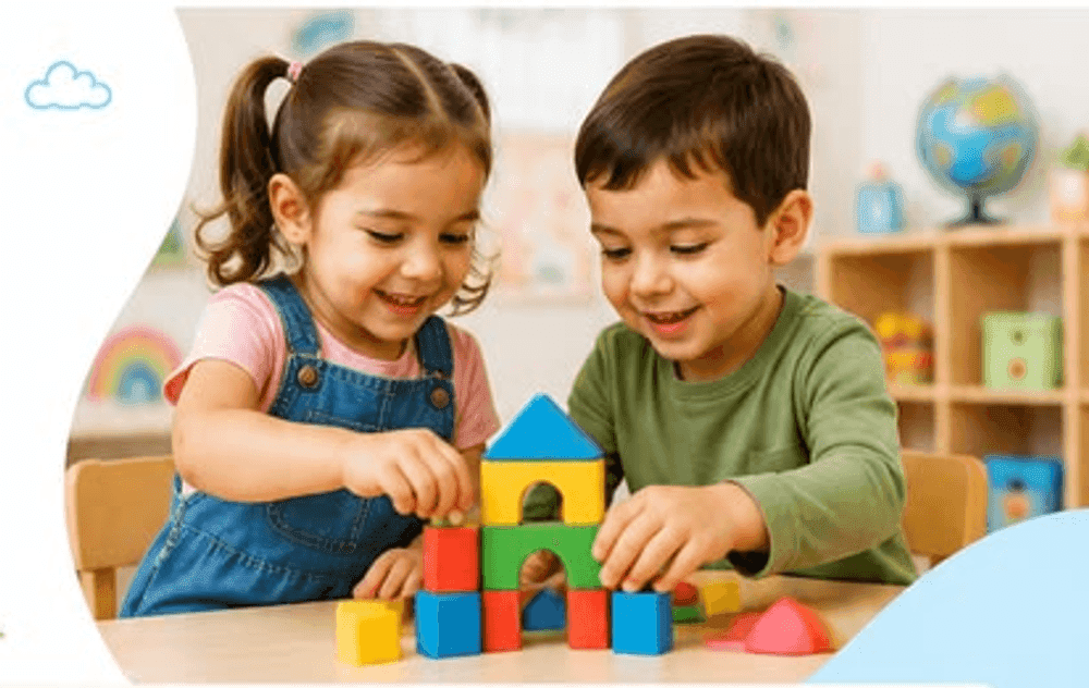 Happy children building colorful block towers in a warm, cheerful preschool classroom