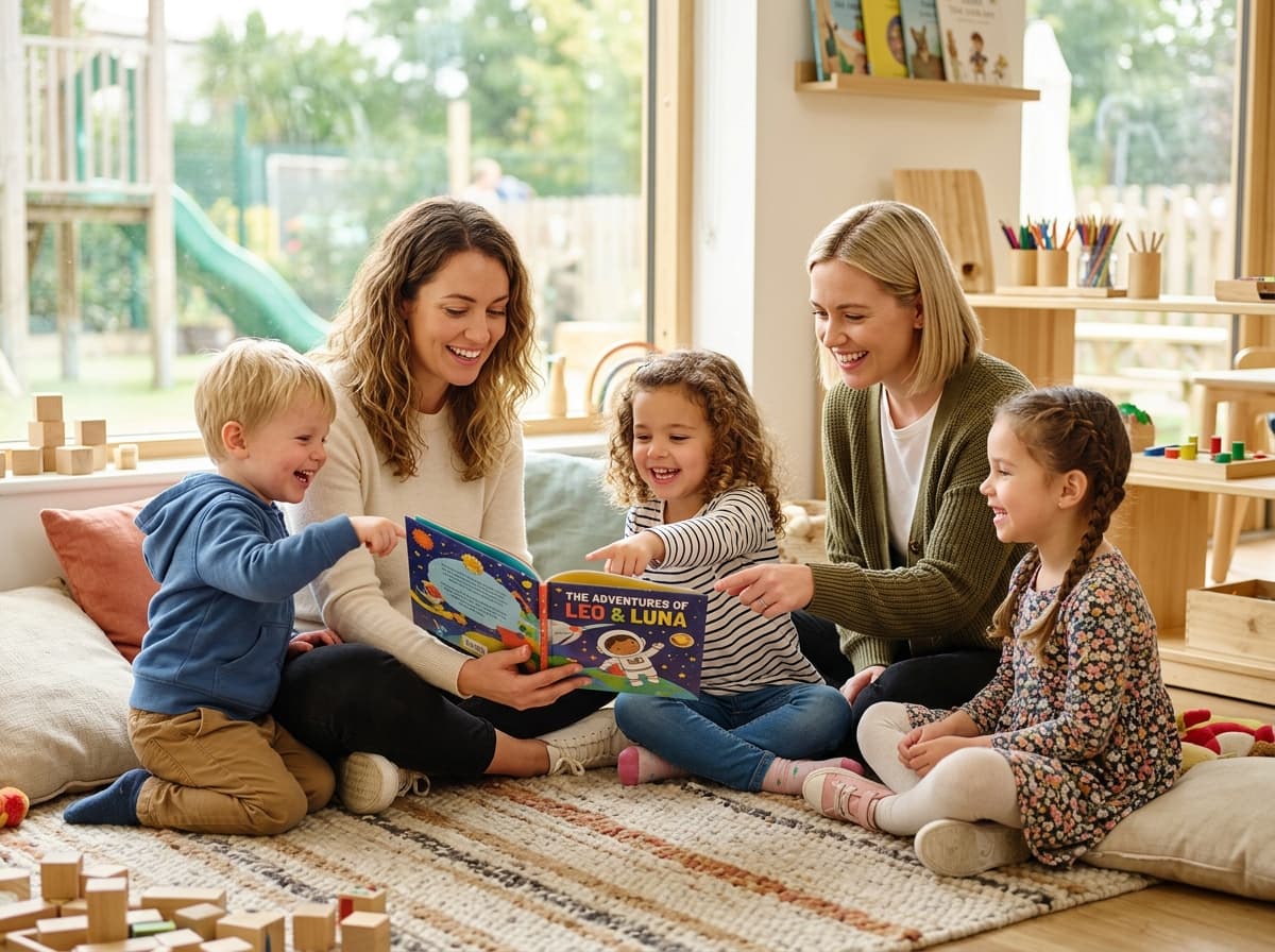 Parents and happy children reading educational books together